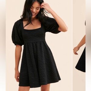 Free People Black A-Line Mini Dress Square Neck and Puff Sleeves